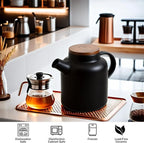 Yundu 1500ml / 50 oz Ceramic Teapot with Infuser & Wood Lid - Matte Black, Loose Leaf Tea Pot with Removable Strainer, Large Capacity