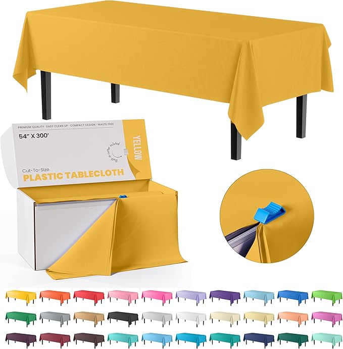 Exquisite Party Solids 54 Inch X 300 Feet Yellow Plastic Table Cover Roll in A Cut - to - Size Box with Convenient Slide Cutter. Cuts Up to 36 Rectangle 8 Feet Plastic Disposable Tablecloths