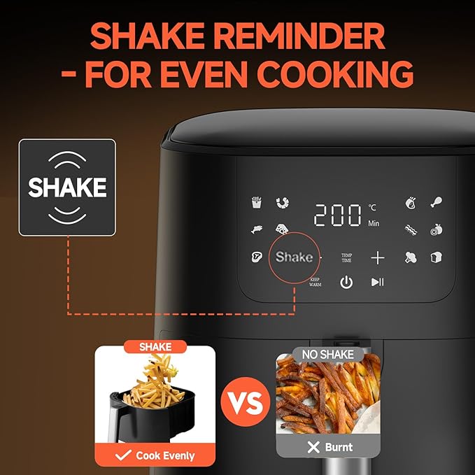 QIDO Air Fryer 8-in-1 with 5 QT Capacity,180°-450°F Precision Heating, Air Fry, Roast, Broil, Reheats, Dehydrates, Less Oil, Features Shake Reminder, Large Touch Display with Auto Menus, Compact Black