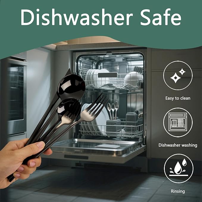 Modern Black silverware Set,Premium 18/10 Stainless Steel,Heavy duty,Sturdy,Sharp Practical steak knives,Matte Black Handle,Mirror Polished Finish,Kitchen Essential, (black)