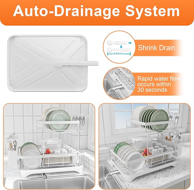 Dish Drying Rack - Auto Draining Dish Rack for Kitchen Counter, Large Capacity Dish Drainers Organizer with Drainboard, 2-Tier Drying Rack with Utensil Holder White