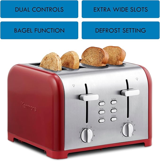 Kenmore 40604 4-Slice Toaster with Dual Controls in Red