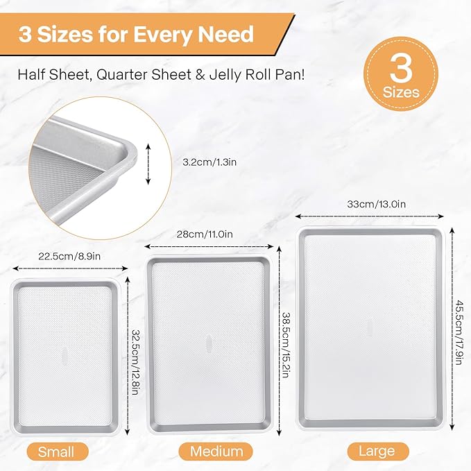 3-Piece Non-Stick Baking Sheet Set | PFOA/PFOS/PTFE-Free, 0.8mm Heavy-Duty Steel with Diamond Texture Surface | Stackable Design for Roasting, Baking & Toasting