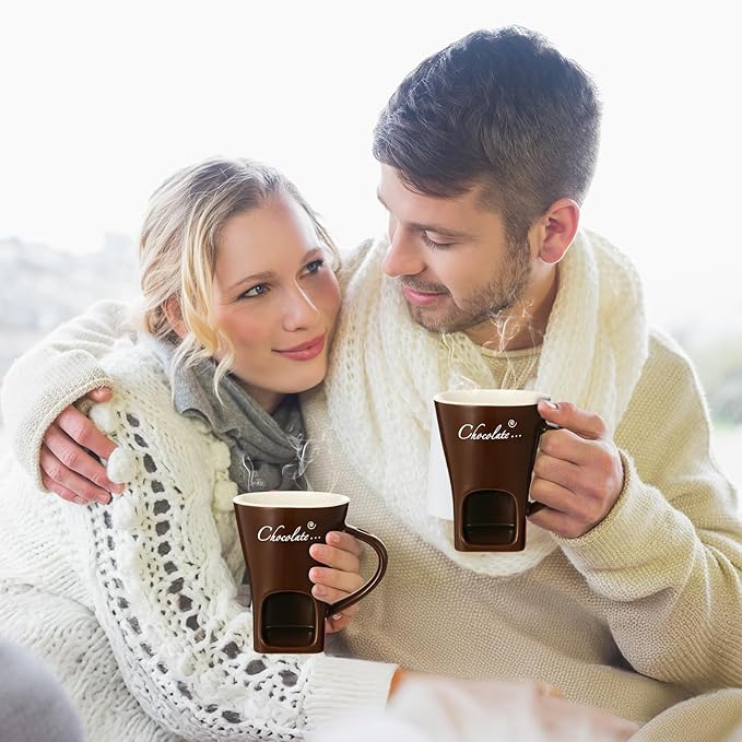 Honeydak 2 Set Chocolate Fondue Mug with Fork and Candle Sweet Ceramic Personal Chocolate Melting Cup Ideal Gifts for Birthday Date Night Birthday Wedding Gifts (Brown)