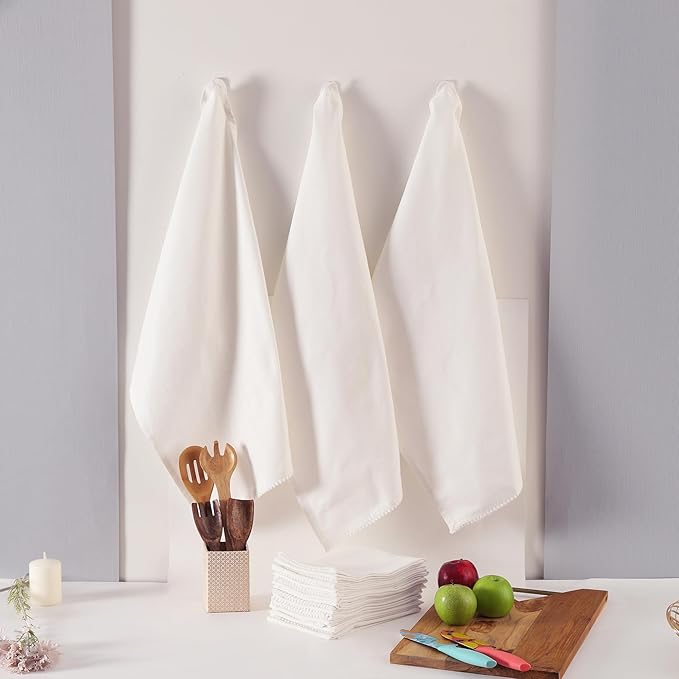 Kitchen Towels 100% Cotton Solid Kitchen Dish Cloths Decor Hand Towel Reusuable Dish Towel for Cleaning & Drying Tea Towels Set with Hanging Loop - 18"x 28" - White, Pack of 12