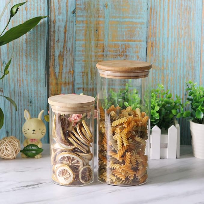 Glass Storage Jars Set of 2 (48oz/1400ml) with Wooden Lid, Glass Sourdough Starter Jar, Stackable Kitchen Canisters, Pefect for Coffee Bean Cookie, Sugar, Flour, Pasta, Sourdough, Nuts