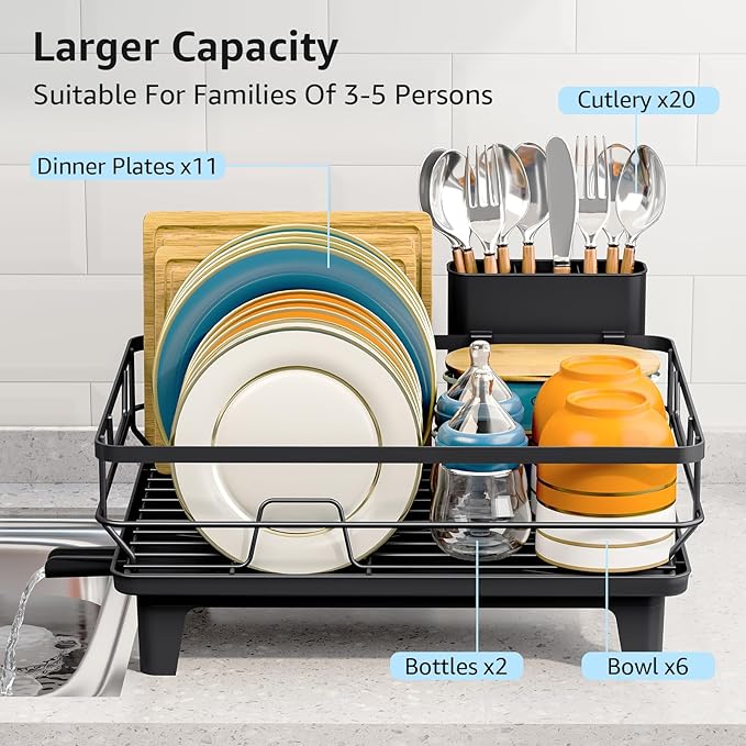 Dish Drying Rack for Kitchen Counter, Space-Saving Dish Rack, Multifunctional Dish Drainer Rack, Sink Kitchen Dishes Strainer, Dryer Rack with Drain Board, and Cutlery Holder,Small Size Black