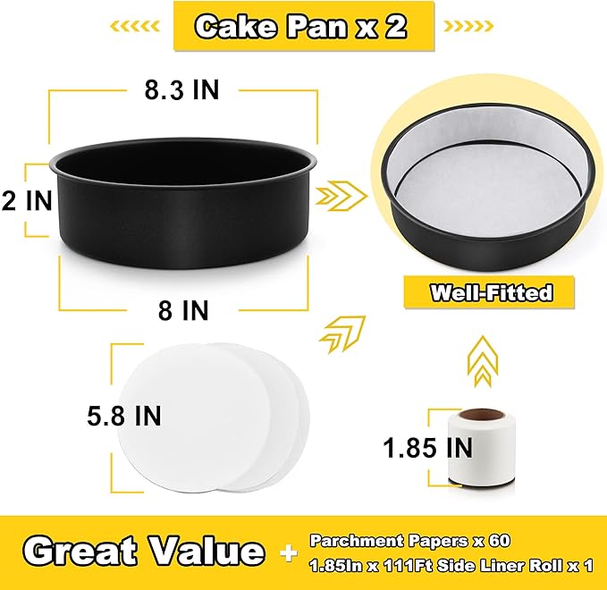E-far 8 Inch Cake Pans Set of 2, Nonstick Stainless Steel Small Round Baking Pans with Parchment Paper & Side Liner Roll, Stainless Steel Core & Non-toxic Coating, Straight Side & 2 Inch Deep