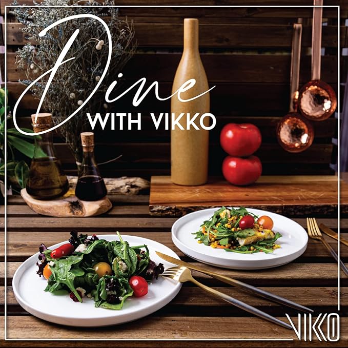 Vikko Salad Plate, Set of 6 White Plates, Dessert, Salad, Appetizer Plate, Fine Bone China, Stackable 8 Inch Dessert Plates, Dishwasher Safe