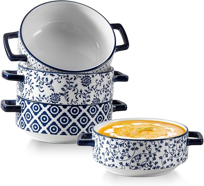 Soup Bowls with Handles - 24oz Ceramic French Onion Soup Crocks Serving Bowls for Pasta Cereal Beef Stew Pot Pies Casserole - Oven Microwave Dishwasher Safe - Set of 4, Blue