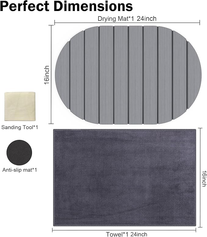 Stone Dish Drying Mat for Kitchen Counter,24"(L)×16"(W) Collapsible Fast-Drying Diatomaceous Earth Mats with Towel Sanding Tool,Versatile Stone Drying Mats for Cups Dishes Bottles