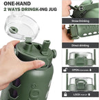 MUKOKO Half Gallon/64 oz Glass Water Bottles with Straw and Lid,Motivational Water Jug with Time Marker Reminder and Silicone Sleeve,100% Leakproof BPA Free Fitness Sports Large Bottle-Olive