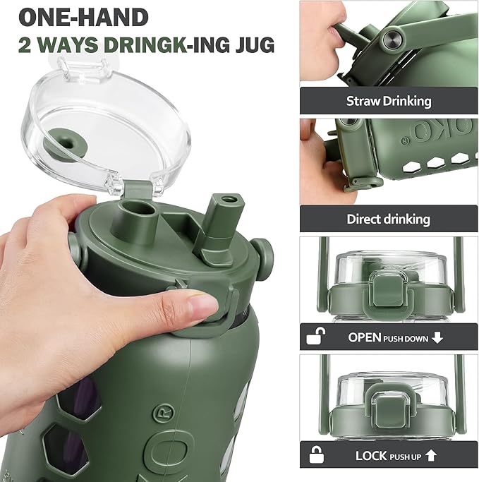 MUKOKO Half Gallon/64 oz Glass Water Bottles with Straw and Lid,Motivational Water Jug with Time Marker Reminder and Silicone Sleeve,100% Leakproof BPA Free Fitness Sports Large Bottle-Olive