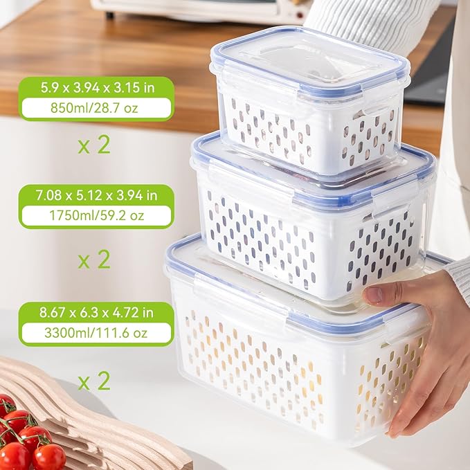 6 Pack Fruit Storage Containers for Fridge, Airtight Food Storage Containers with Removable Colander, Produce Saver Organizers Storage for Refrigerator, Keep Fruit Vegetable Meat Berry Fresh Longer