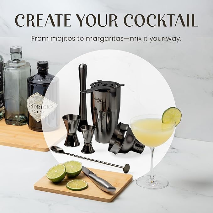 Mixology & Craft 11-Piece Cocktail Shaker Set, Bartender Kit with Stand, Stainless Steel Bar Tools, Dual Jiggers, Muddler & Pourers, Wood Display for Home Bar - Gift Ready (Gun-Metal Black)