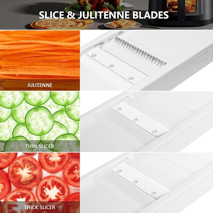 Mandoline Slicer Vegetable Chopper, Fruit Slicer, Cheese Grater & Potato Cutter with 6 Blades, Easy Kitchen Tool, White