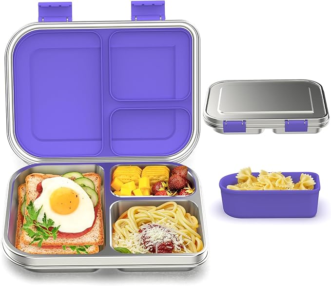 Stainless Steel Bento Box Kids, 3 Compartments Leak Proof Metal Bento Lunch Box, 304 Stainless Steel Bento Lunch Containers for School and Office,Dishwasher Safe, BPA-Free-Purple