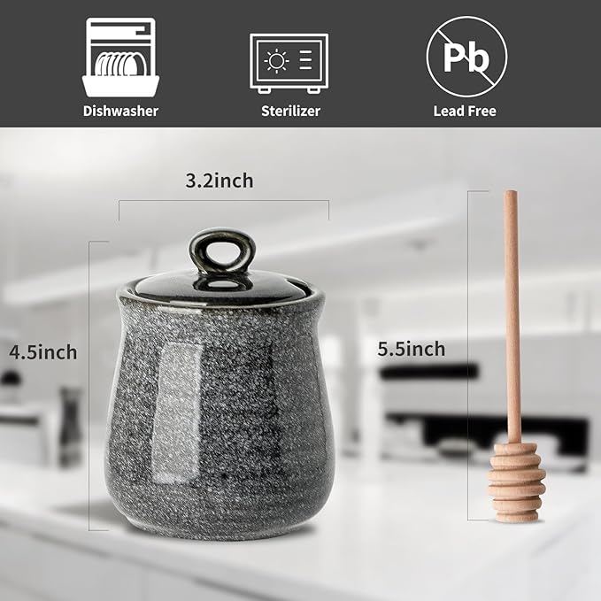 Hasense Honey Jar with Lid, 12 Ounce Ceramic Honey Pot with Wooden Dipper Stick, Grey Kitchen Container Dish for Birthday Wedding Gift, Easy to Clear