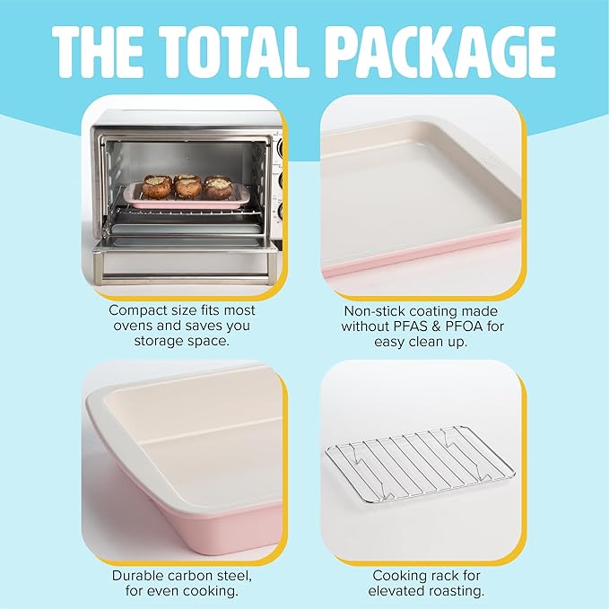 Tasty Nonstick Toaster Oven Baking Set Includes Cake Pan, Oven Tray, Rack, Carbon Steel Bakeware, 3-Piece Set, Pink