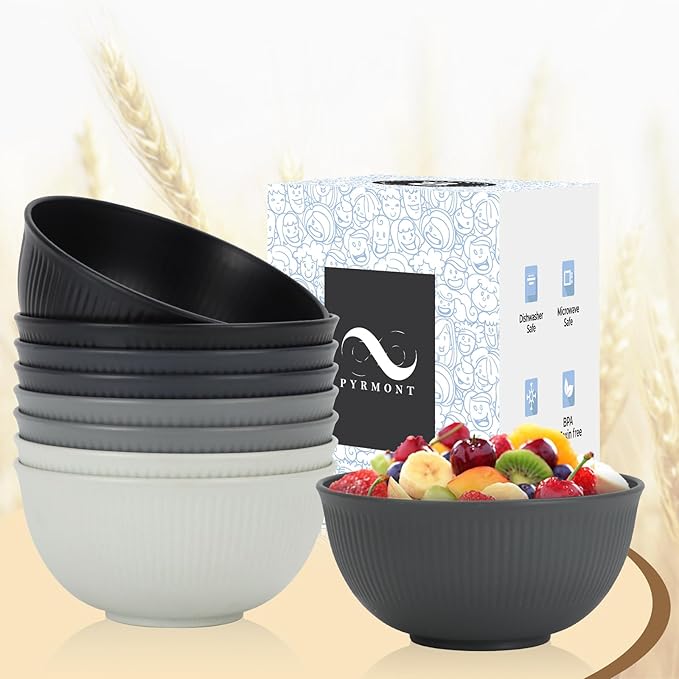 PYRMONT Wheat Straw Bowls - 26 OZ Reusable, Unbreakable Soup & Cereal Bowls, Set of 8, Dishwasher & Microwave Safe, BPA-Free