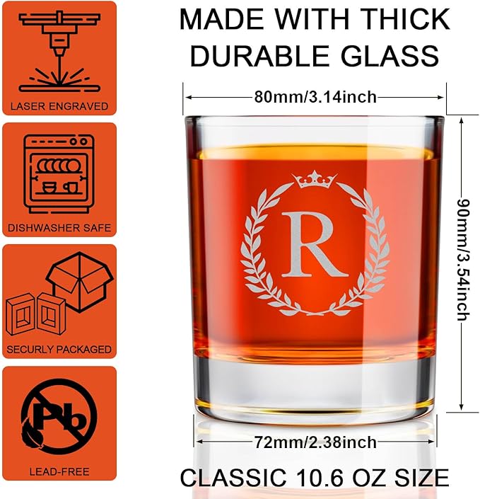 Personalized Whiskey Glasses Gifts for Men, Monogrammed Engraved A-Z 10.6 oz Rocks Glass Customized Gift, Unique Christmas Birthday Gifts for Men Him Dad Husband Brother Son (R)
