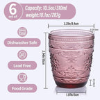 Purple Glassware set of 6, 10OZ Drinking Glasses, Purple Heavy Duty Glass Cups, Colored Glassware Set, Embossed Glasses Set for Party Wedding Home Office Gift
