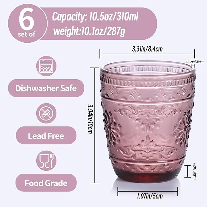 Purple Glassware set of 6, 10OZ Drinking Glasses, Purple Heavy Duty Glass Cups, Colored Glassware Set, Embossed Glasses Set for Party Wedding Home Office Gift