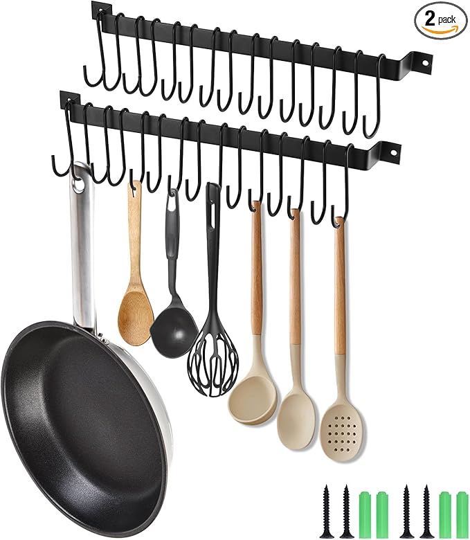 Kitchen Utensil Rack with 15 Hooks, 17 Inch Pots and Pans Hanging Rack Wall Mounted, Steel Cooking Utensil Hanger, 2 Pack