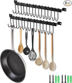 Kitchen Utensil Rack with 15 Hooks, 17 Inch Pots and Pans Hanging Rack Wall Mounted, Steel Cooking Utensil Hanger, 2 Pack