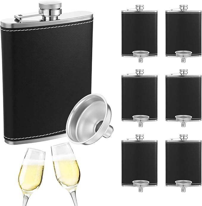 6 Set 8 oz Leather Hip Flasks for Liquor for Men Leak Proof Stainless Steel Drinking Flasks with Funnel Soft Wrap Whiskey Vessels for Wedding Bridesmaid Christmas Gifts (Black)