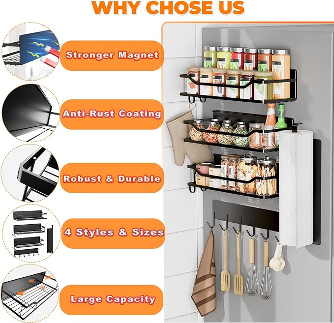 5 Pack Multifunctional Magnetic Shelves for Refrigerator Spice Rack & Washing Machine Organize, Include Paper Towel Holder, Kitchen Utensil Hanger and Hooks, Strong Magnet for Secure Hold (Black)