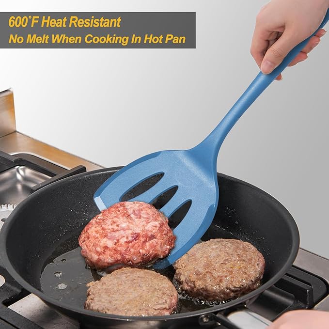 Silicone Pancake Spatula Turner with Lengthened Handle& Seamless Design, Heat Resistant Slotted Flipper for Nonstick Cookware, Large Flexible Kitchen Utensils for Egg, Pancake, Burger, Starry Blue