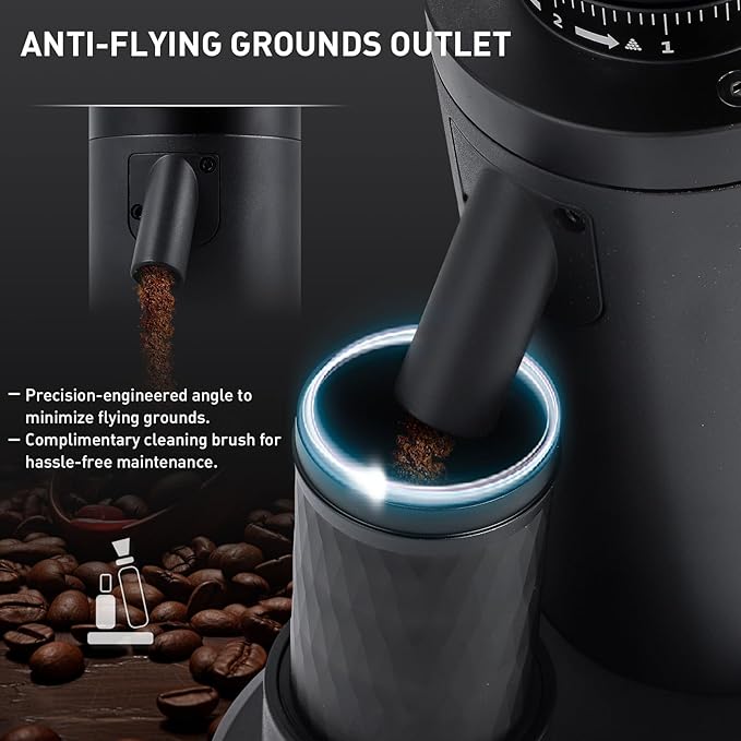 Huanyu Professional Coffee Grinder Adjustable RPM, Time-Based Dosing, Stainless Steel Flat Burr with 8 Stepless Grinding Settings