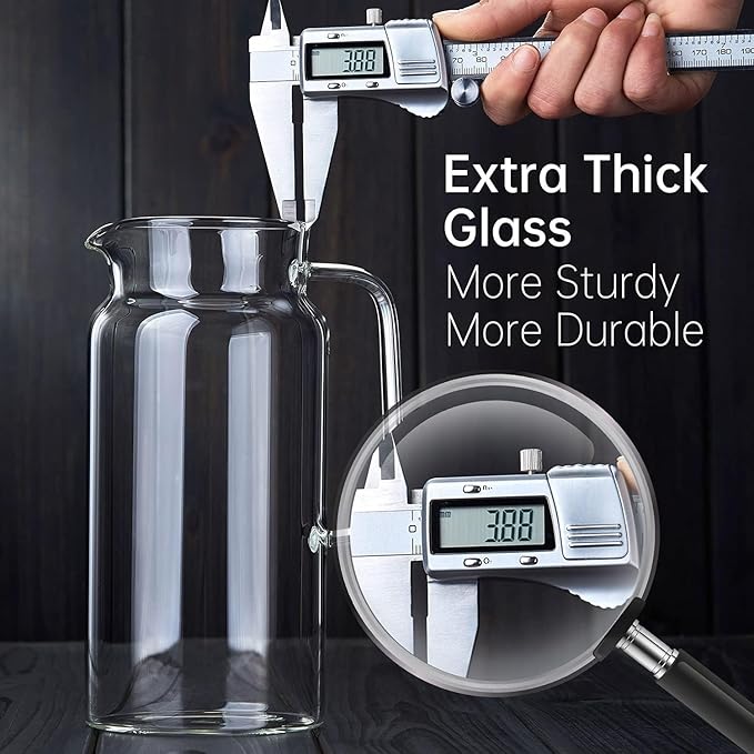 53OZ Glass Pitcher with Lid and Spout, Water Jug, 1580ml Carafe for Hot/Cold Water, Large Iced Tea Pitcher for Coffee, Juice and Homemade Beverage