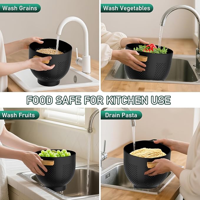 Metal Colander with Bamboo Wood Handle, 6 QT Large Strainer with Self-Draining Base, Kitchen Strainer Bowl for Pasta Spaghetti Vegetables Fruit Berry, Essential Kitchen Appliance and Gadget (Black)