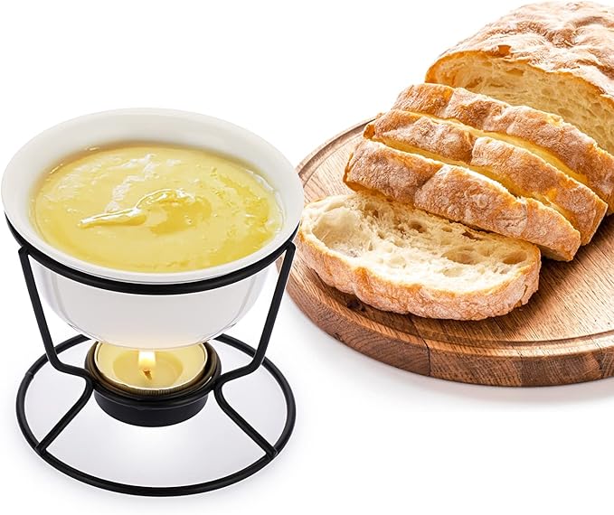 BSTKEY Ceramic Butter Warmer Set, Fondue Pot Melting Pot Set, Melt Hot Pot Round Bowl Set For Cheese Chocolate Butter Caramel, with 2 Dipping Forks
