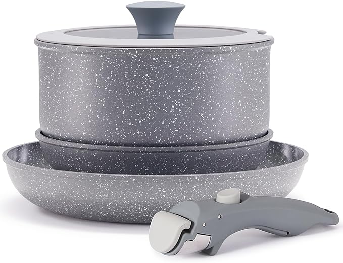 Gray Non Stick Pot and Pan Set with Removable Handle, Ceramic Cookware Set Detachable Handle, 5pcs Induction Kitchen Camping Stackable Pots Pans, Dishwasher/Oven Safe, PTFE/PFAS/PFOA Free