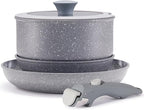 Gray Non Stick Pot and Pan Set with Removable Handle, Ceramic Cookware Set Detachable Handle, 5pcs Induction Kitchen Camping Stackable Pots Pans, Dishwasher/Oven Safe, PTFE/PFAS/PFOA Free