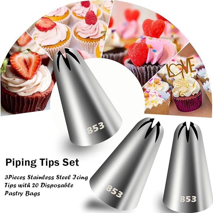 Hendiy Piping Tips Set, Stainless Steel Icing Tips with 20 Disposable Pastry Bags for Cake Decorating Piping Bags and Tips Set, 853 Frosting Tip Cupcake Decorating Kit
