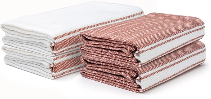 Salt Earth Kitchen Towels Cotton Dish Towel Size 24x14 Inches Set of 4 100% Ring Spun Cotton Absorbent Quick Dry Herringbone Weave Lint Free Washable Dishcloth Hanging Loop Color White & Red Stripe