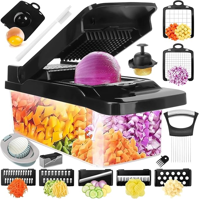 18 In 1 Vegetable Chopper, Vegetable Dice, Veggie Chopper with Container, Mandoline Slicer & Cheese Grater,Onion Potato Salad Food Chopper,Includes a free egg Slicer & onion holder for slicing