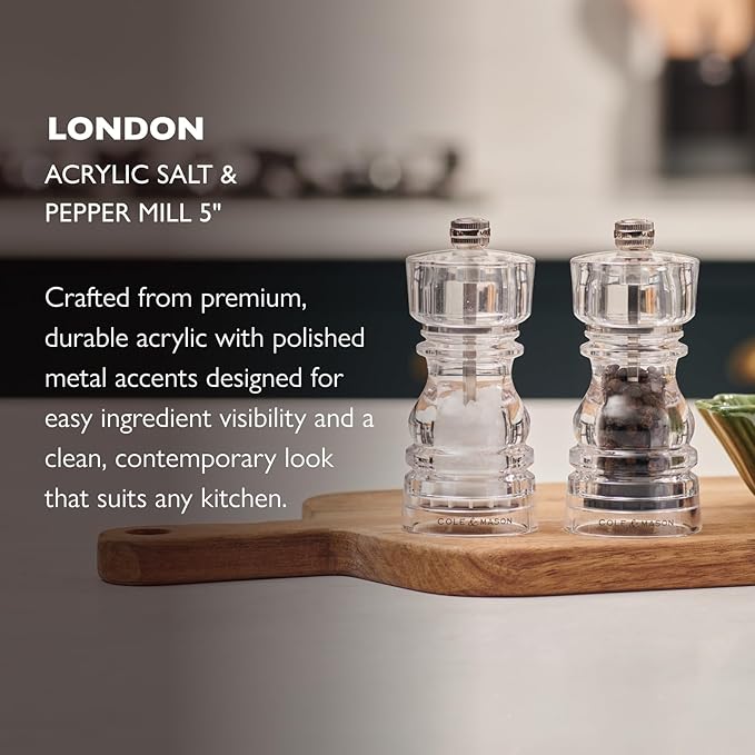 Cole & Mason London Refillable Spice Mill - Kitchen & Home Accessory - Salt and Pepper Grinder Set with Ceramic and Carbon Steel Mechanism - 5", Acrylic