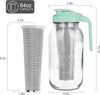 Cold Brew Coffee Maker，64 oz Wide Mouth Mason Jar Pitcher with Stainless Steel Filter, Pour Spout Handle Lid, Heavy Duty Glass Airtight & Leak-Proof Pitcher for iced coffee & Tea Lemonade-Green