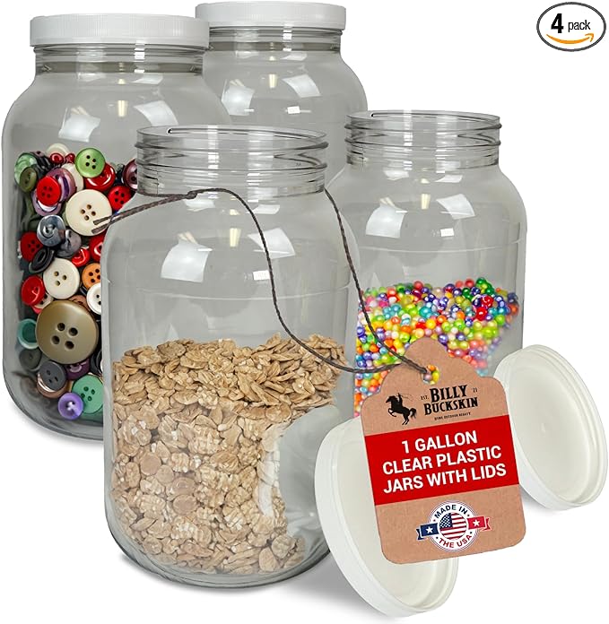 (Pack of 4) 1 Gallon Clear Plastic Jars with Lids, Wide Mouth, Food-Safe, Multi-Purpose Clear Plastic Jars for Money Tips, Fish Tank, Food Storage for Kitchen & Pantry Essentials by Billy Buckskin Co.