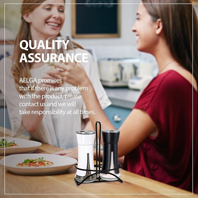 Aelga Farmhouse Salt and Pepper Shakers with Holder, Salt Shaker for the Kitchen with Adjustable Pour Holes for Himalayan, Kosher, and Sea Salts