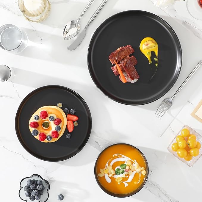 MALACASA Plates and Bowls Sets, 12 Pieces Porcelain Dinnerware Set for 4 Kitchen Dinner Ware Set Ceramic Dishware Dishes Microwave and Dishwasher Safe, Black, Series LUNA
