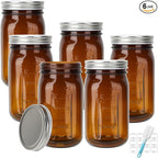 DHSBTLS 32 oz Glass Mason Jars, 6 Pack Amber Wide Mouth Glass Canning Jars with Silver Aluminum Lids and Bands, Airtight Jars for Food Storage, Canning, Overnight Oats, Fermenting, Pickling, Decor