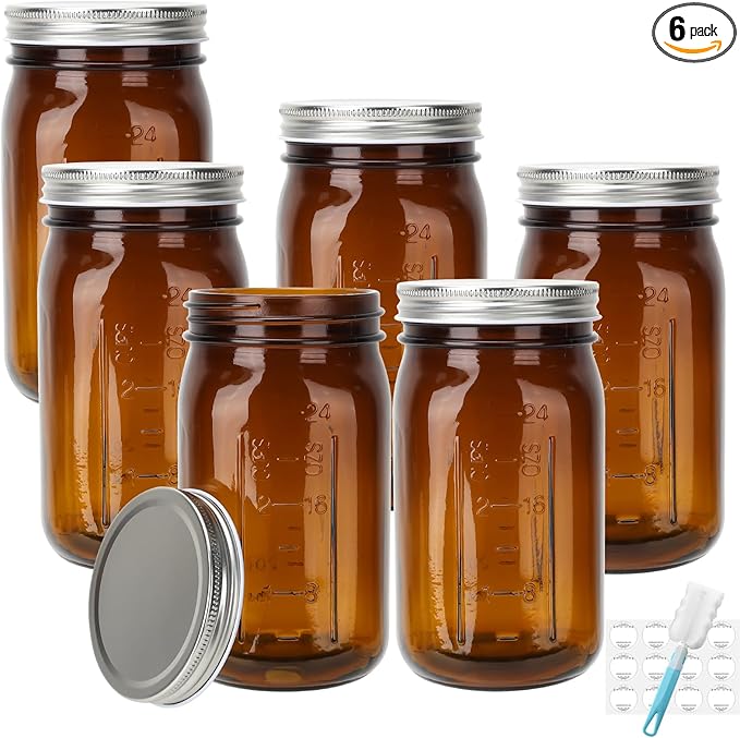 DHSBTLS 32 oz Glass Mason Jars, 6 Pack Amber Wide Mouth Glass Canning Jars with Silver Aluminum Lids and Bands, Airtight Jars for Food Storage, Canning, Overnight Oats, Fermenting, Pickling, Decor
