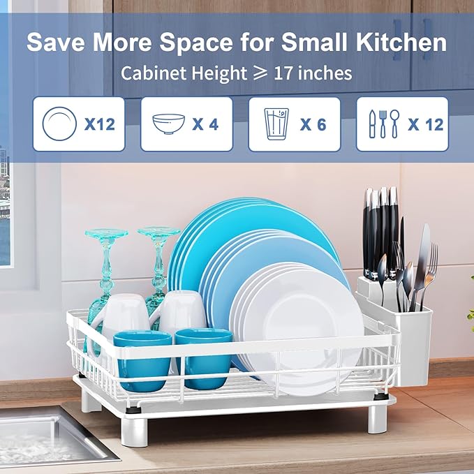 MOUKABAL Dish Drying Rack, Dish Rack, Large Dish Racks for Kitchen Counter, Drying Rack Kitchen with Removable Utensil Holder, Drainboard 16.9" x 12.9" x 5.9"(White)