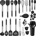 Silicone Kitchen Utensils Set, E-far 30-Piece Cooking Utensils Set with Holder, Heat Resistant Kitchen Spatulas Turner Tong Spoon Whisk Ladle for Nonstick Cookware, Stainless Steel Handle (Black)